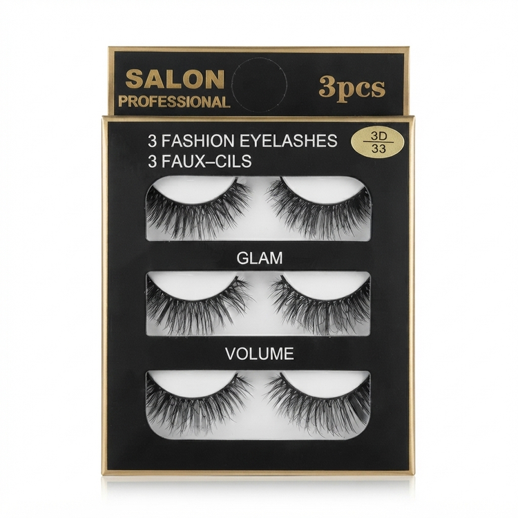 جعبه مشکی و طلایی مژههای مصنوعی Salon Professional 3D 33، شامل 3 جفت مژه مدل Glam، Volume، Sexy با بستهبندی لوکس.