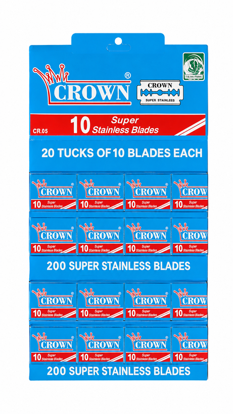 کارت آویز تیغ سنتی کراون Crown مدل سوپر استنلس بسته ۲۰ عددی ۲۰۰ تیغ اصلاح