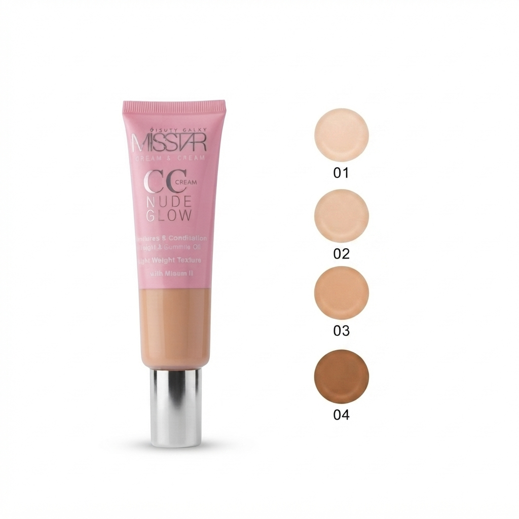سی سی کرم میس استار مدل Nude Glow با تنوع رنگی شماره 01 تا 04  ۲. کرم پودر سبک و سی سی کرم درخشان کننده پوست Misstar Nude Glow CC Cream  ۳. کرم تصحیح کننده رنگ چهره و آبرسان میس استار پمپی تیوبی