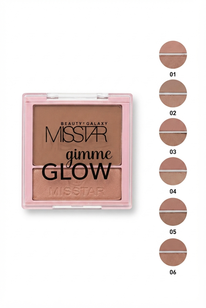 پالت رژگونه و برنزر دو قلو میس استار سری Gimme Glow در ۶ رنگ‌بندی متنوع کدهای 01 تا 06  ۲. رنگ‌بندی پالت دوتایی رژگونه و کانتور صورت Misstar Beauty Galaxy کدهای 01، 02، 03، 04، 05 و 06  ۳. خرید پالت رژگونه شاین و مات میس استار مدل گیم می گلو با پیگمنت بالا
