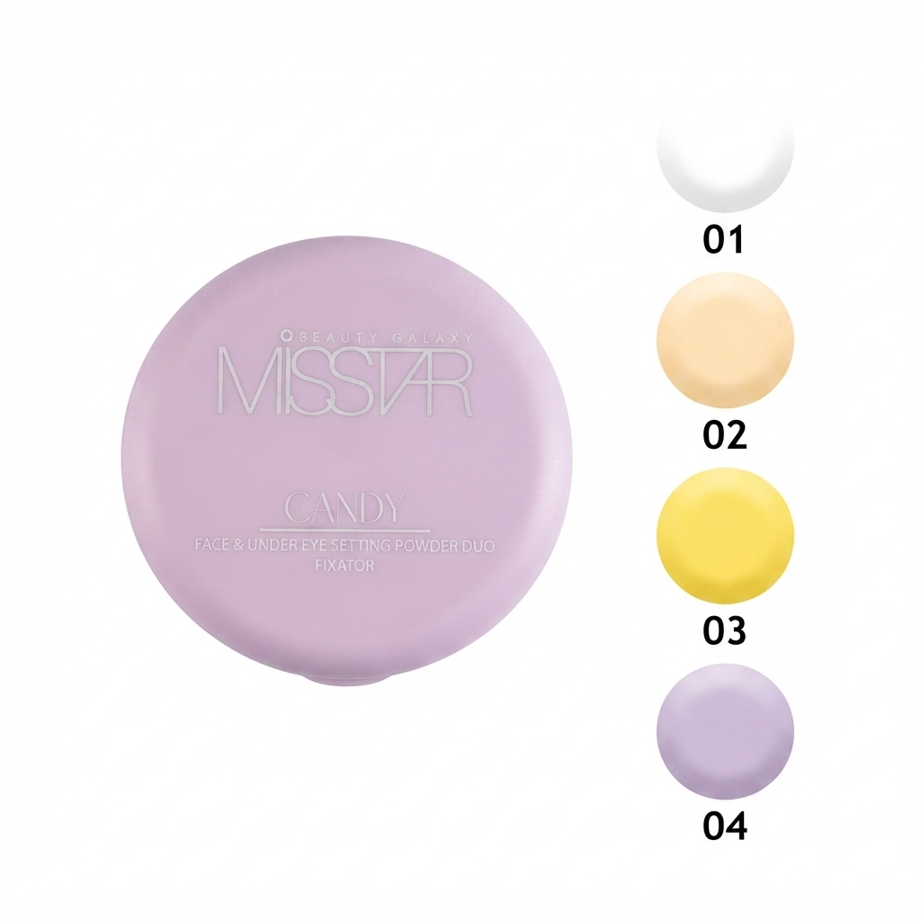 پودر فیکس فشرده میس استار مدل کندی در رنگ بندی سفید کرم زرد بنانا بنفش Miss Star Setting Powder Candy