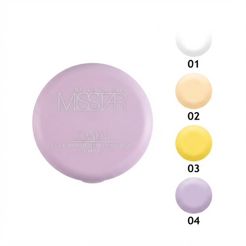 پودر فیکس فشرده میس استار مدل کندی در رنگ بندی سفید کرم زرد بنانا بنفش Miss Star Setting Powder Candy