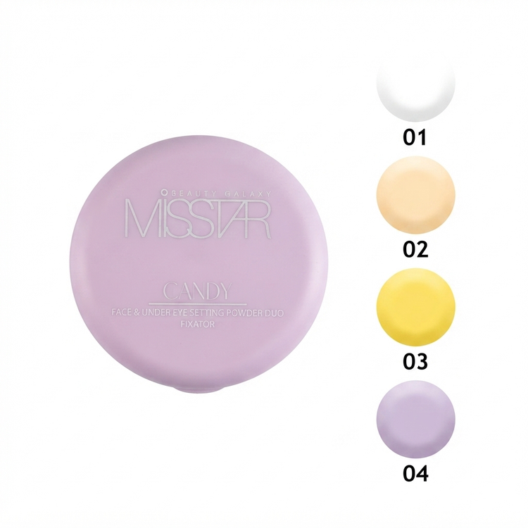 پودر فیکس فشرده میس استار مدل کندی در رنگ بندی سفید کرم زرد بنانا بنفش Miss Star Setting Powder Candy