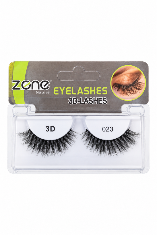 مژه مصنوعی 3D برند Zone کد 023؛ حجمدهی سهبعدی و فانتزی با پخش هماهنگ تارهای کوتاه و بلند روی چشم.