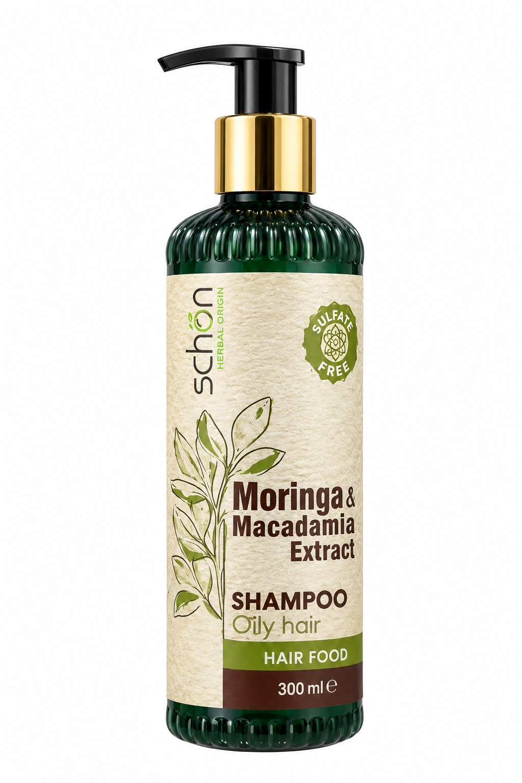 بطری سبز شامپو مورینگا و ماکادمیا شون لاین Hair Food فاقد سولفات برای موهای چرب ۳۰۰ میلی‌لیتر با پمپ طلایی مشکی