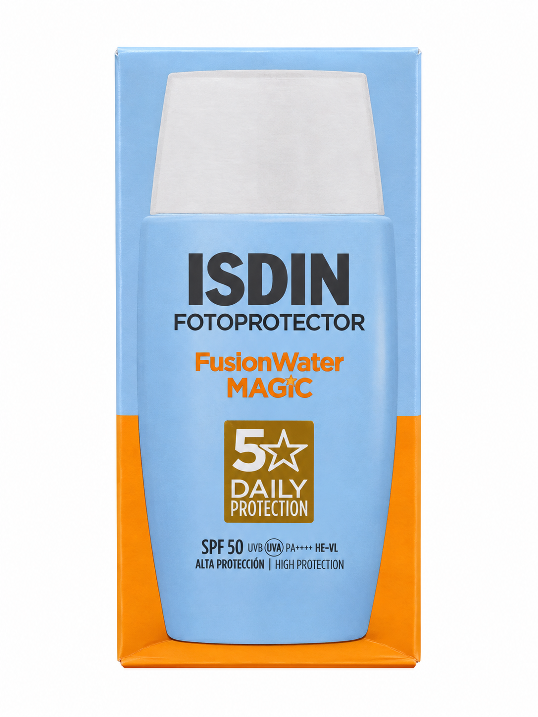 ضدآفتاب ایزدین فیوژن واتر مجیک SPF 50 با بسته‌بندی آبی و نارنجی، محصولی فوق سبک با محافظت ۵ ستاره برای استفاده روزانه.