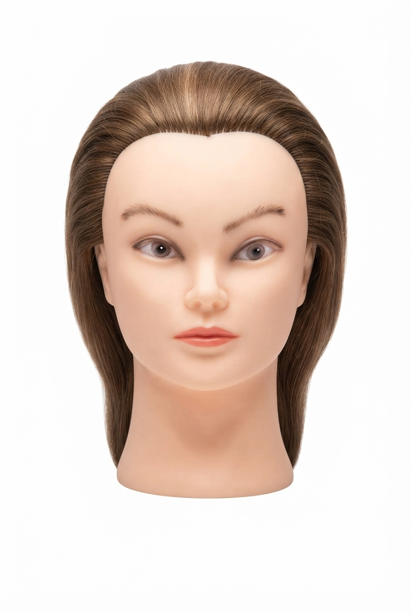 سر مانکن حرفه ای آموزش شینیون و کوتاهی با موی قهوه ای عسلی لایت دار و خط رویش طب Front view of professional training mannequin head with honey blonde highlighted hair)