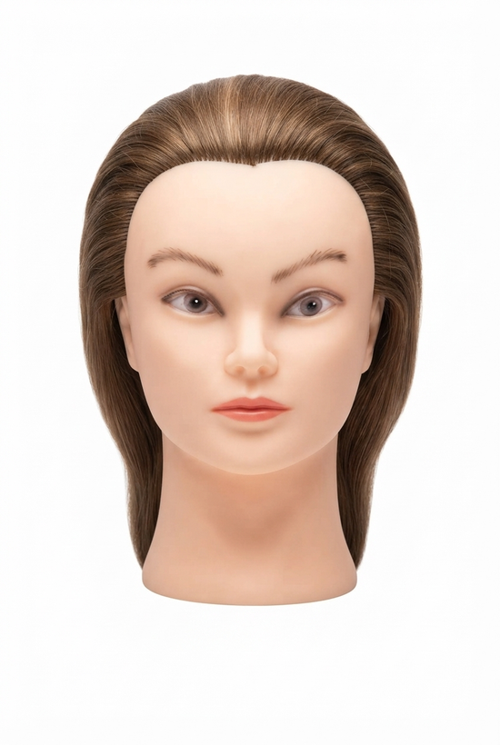سر مانکن حرفه ای آموزش شینیون و کوتاهی با موی قهوه ای عسلی لایت دار و خط رویش طب Front view of professional training mannequin head with honey blonde highlighted hair)