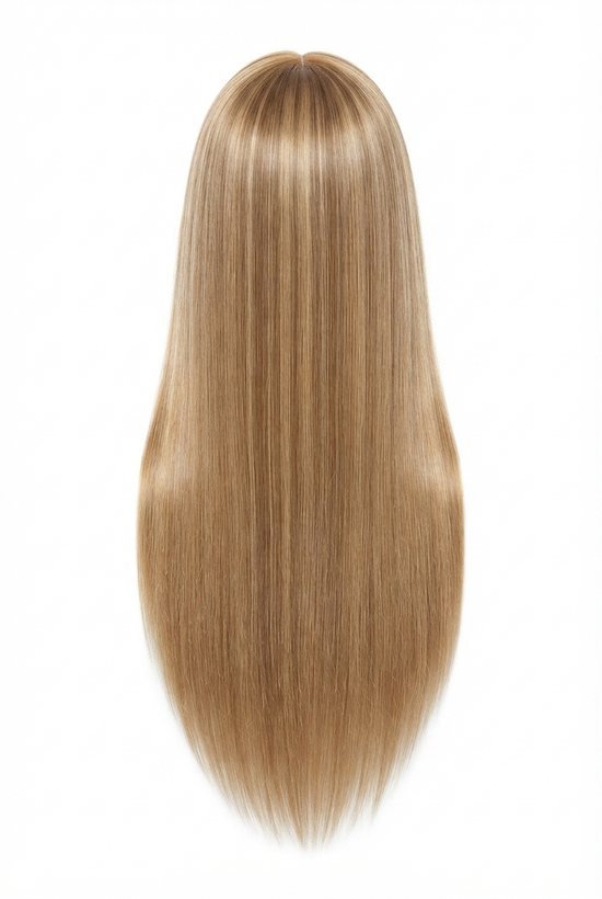 نمای پشت موهای بلند و لخت سر مانکن رنگ قهوه ای عسلی هایلایت مناسب تمرین شینیون و : Back view of long straight honey blonde highlighted hair on mannequin head for hairstyling)