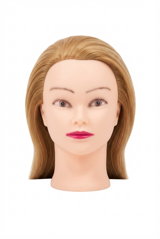 سر مانکن حرفه ای آموزش آرایشگری و کوتاهی با موی بلوند طلایی و خط رویش پیشانی طب Front view of professional hair training mannequin head with golden blonde hair)