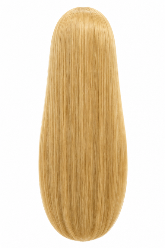 نمای پشت موهای بلند لخت و بلوند طلایی عسلی سر مانکن مخصوص آموزش شینیون و بافت: Back view of long straight golden honey blonde hair on hairdressing training mannequin head)
