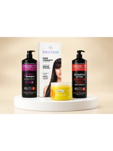 پک ۳ عددی PROTEIN HAIR THERAPY شامل پروتئین مو، ماسک کراتین و شامپوی تخصصی روی پایه سفید استودیویی با پسزمینه کرم لوکس — مناسب احیا و بازسازی موهای آسیبدیده و رنگشده.
