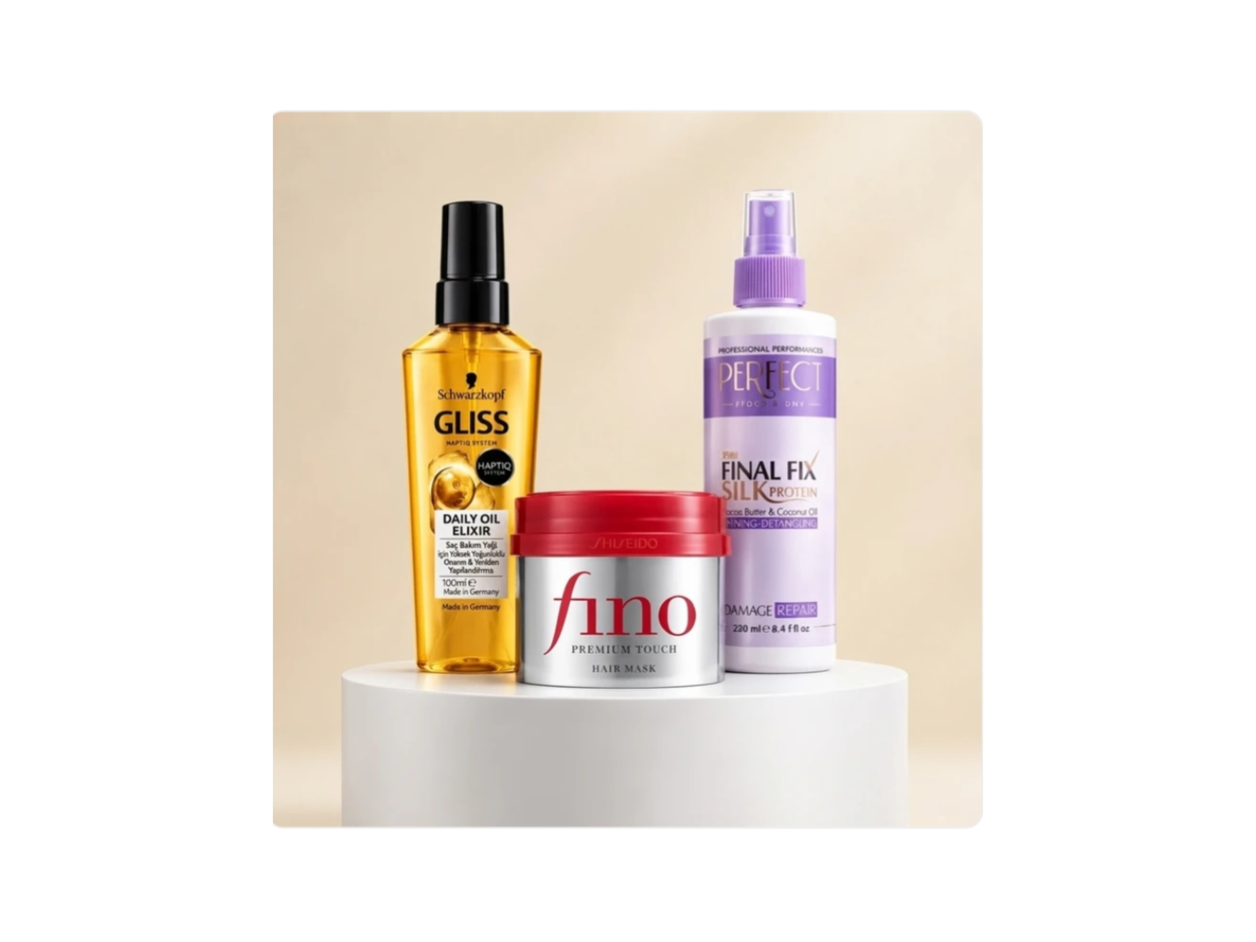 پکیج روتین درمانی و شلاقی کننده موهای آسیب دیده و خشک با ماسک مو فینو شیسیدو، نرم کننده پرفکت و سرم روغن گلیس ضد وز و موخوره