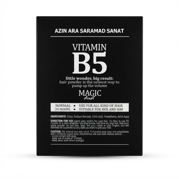 پشت جعبه پودر حجم دهنده مو اف جی کازمتیک حاوی ویتامین B5 English: FJ Cosmetic hair powder ingredients and usage instructions back of box