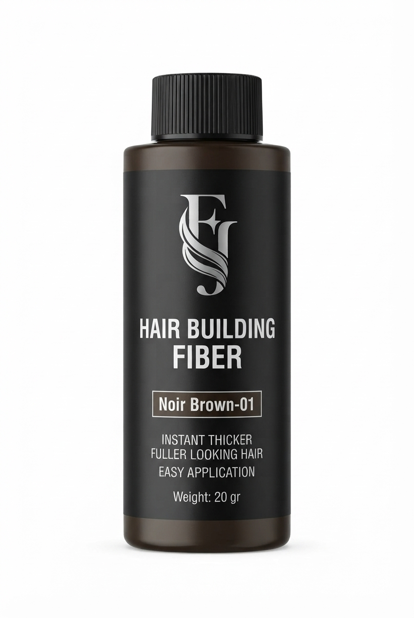 پودر حجم‌دهنده و الیاف مو اف جی کازمتیک رنگ قهوه‌ای (Noir Brown-01)، طبیعی و ماندگار، مناسب برای پوشش کم‌پشتی مو”