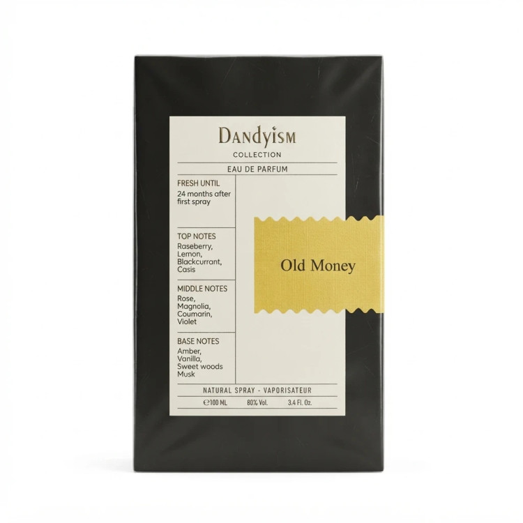 جعبه مشکی عطر ادو پرفیوم دندییزم مدل اولد مانی با لیبل طلایی - Dandyism Old Money Eau De Parfum
